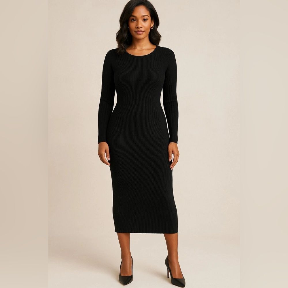 LPA Black Ribbed Knit Long Sleeve Midi Bodycon‎ Dress Womens Size Medium